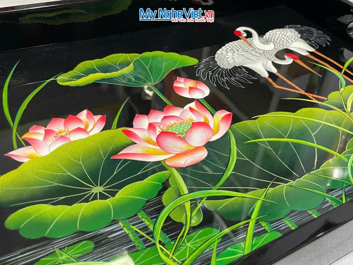 Khay Sơn Mài Vẽ Cò Sen Nền Đen Cao Cấp KSMHD2939.12