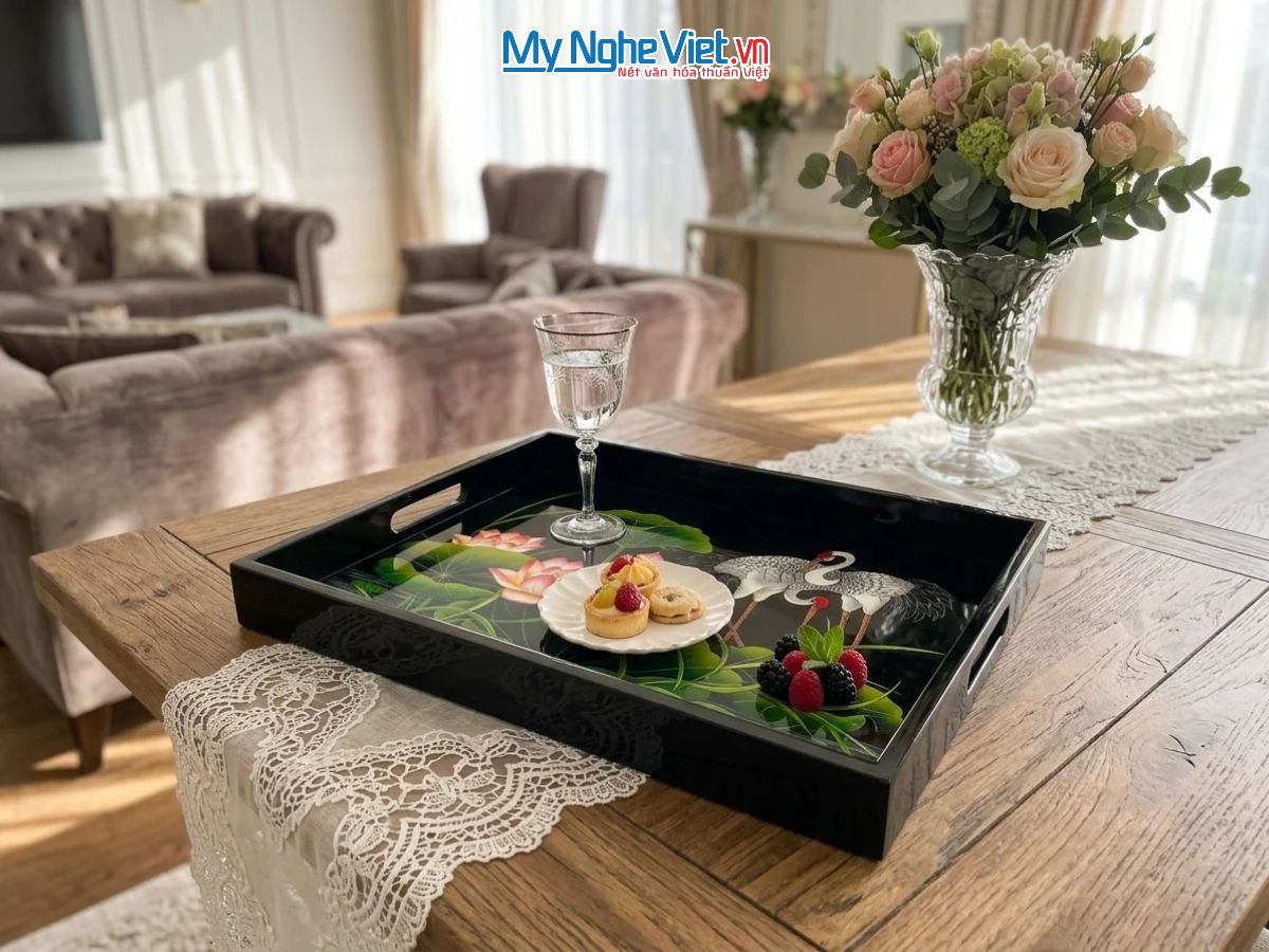 Khay Sơn Mài Vẽ Cò Sen Nền Đen Cao Cấp KSMHD2939.12