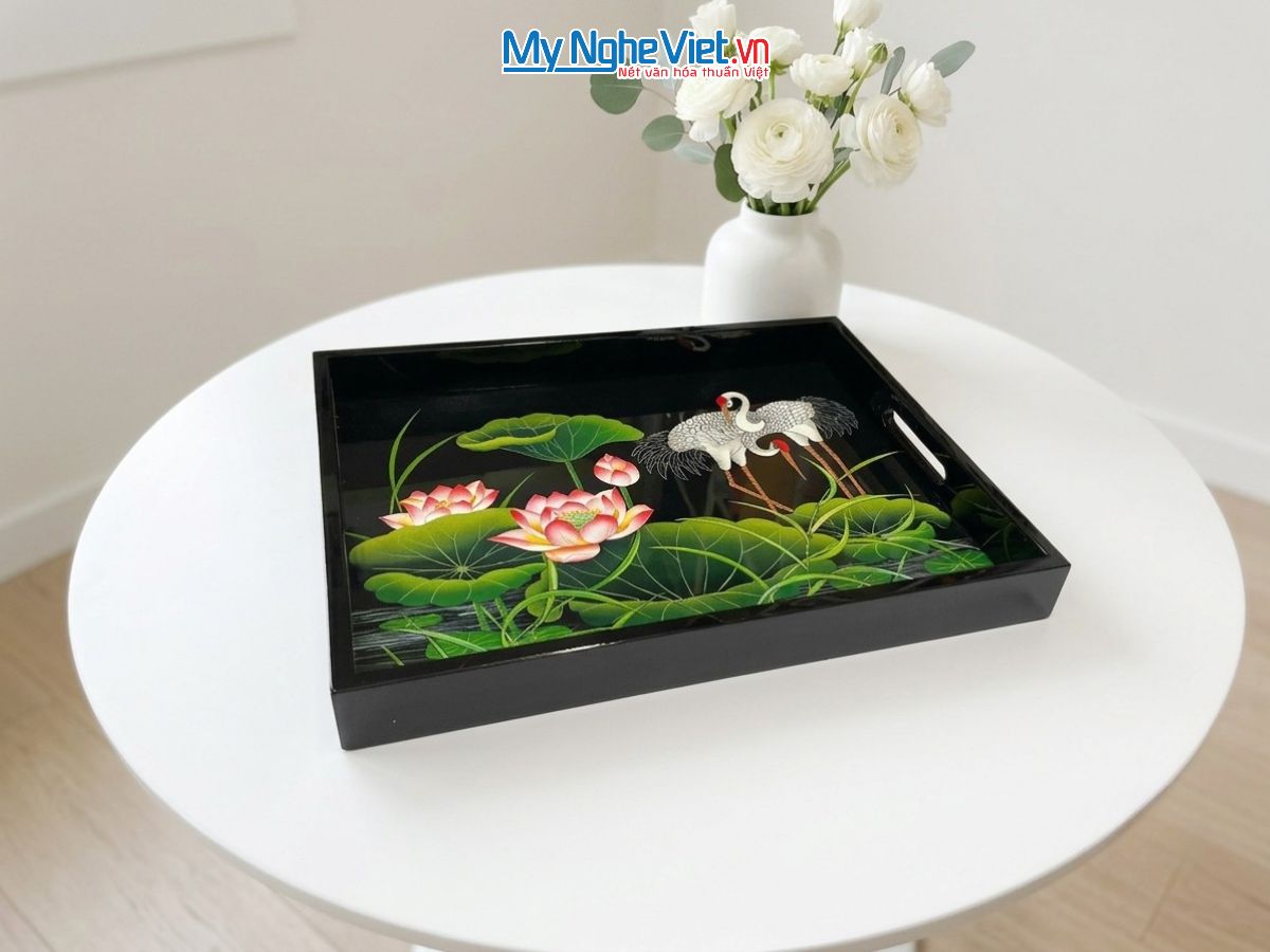 Khay Sơn Mài Vẽ Cò Sen Nền Đen Cao Cấp KSMHD2939.12