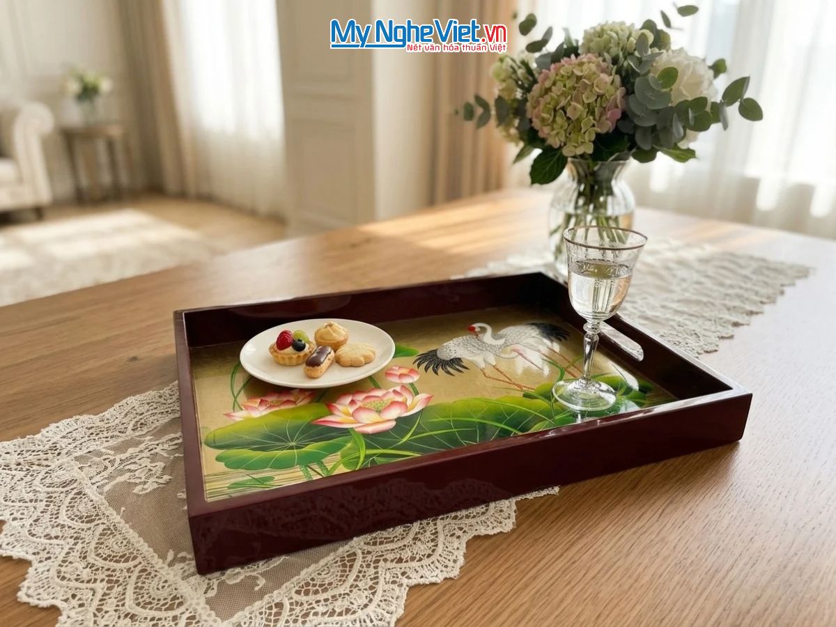Khay Sơn Mài Vẽ Cò Sen Nền Vàng Màu Đỏ Cao Cấp KSMHD2939.11
