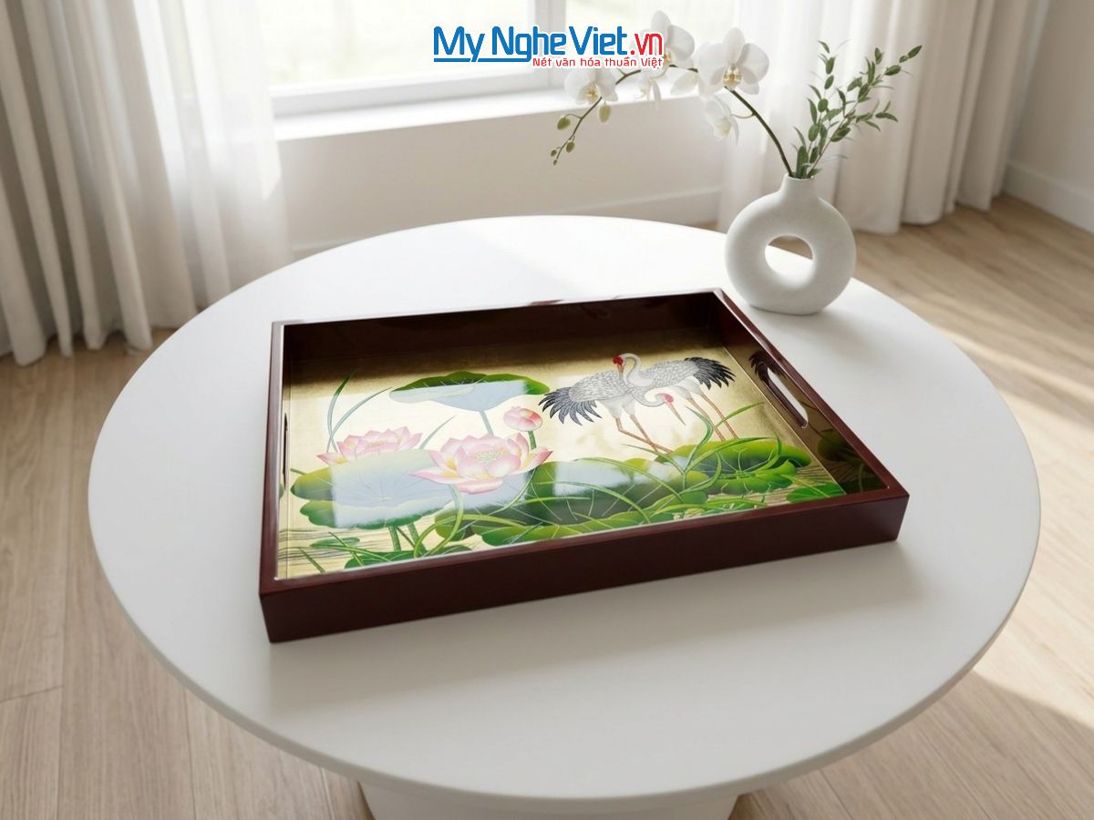Khay Sơn Mài Vẽ Cò Sen Nền Vàng Màu Đỏ Cao Cấp KSMHD2939.11
