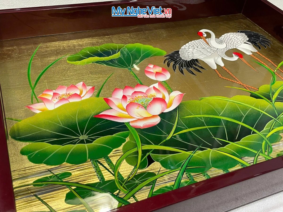 Khay Sơn Mài Vẽ Cò Sen Nền Vàng Màu Đỏ Cao Cấp KSMHD2939.11
