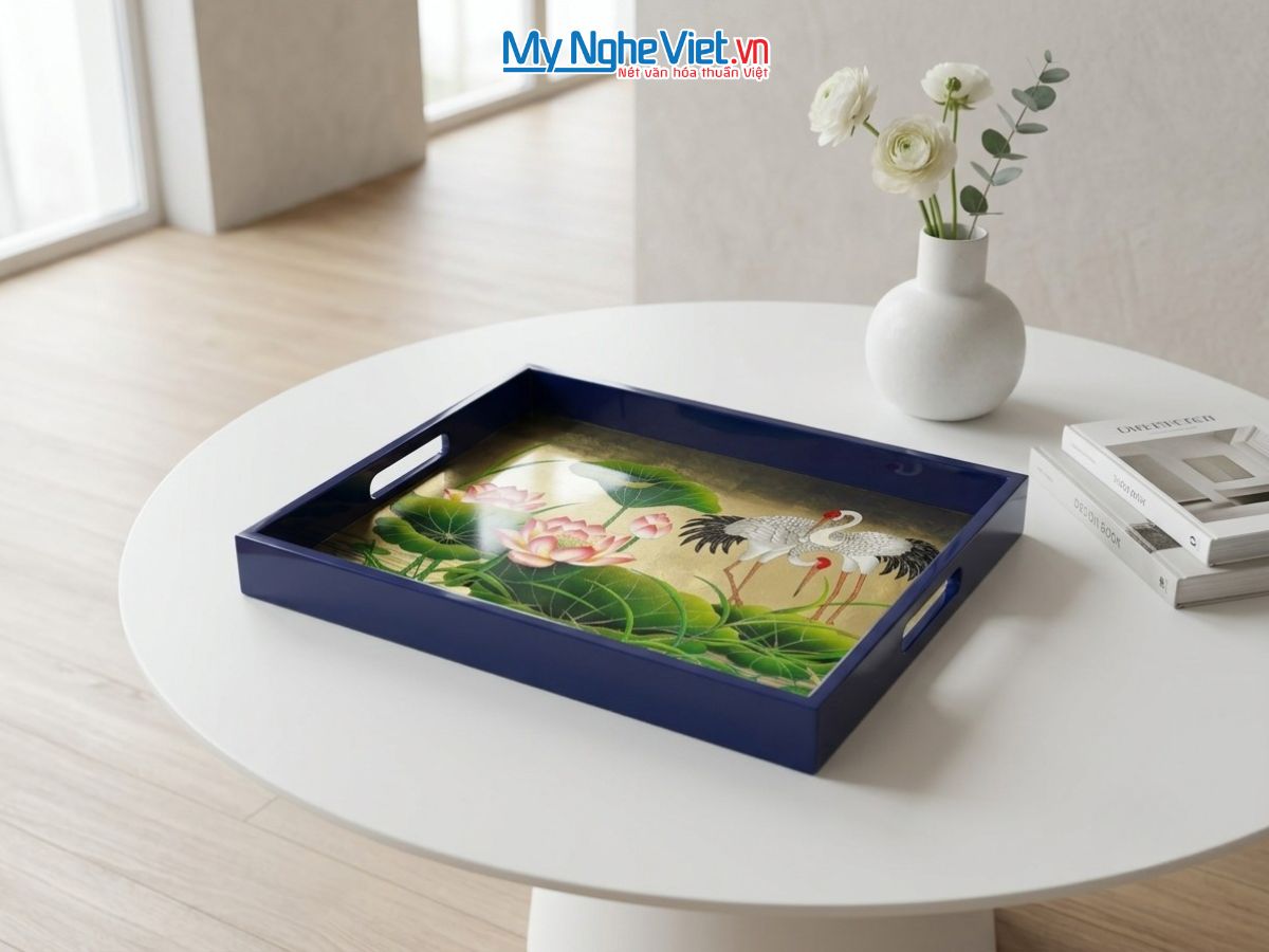 Khay Sơn Mài Vẽ Cò Sen Nền Vàng Màu Xanh Dương Cao Cấp KSMHD2939.1
