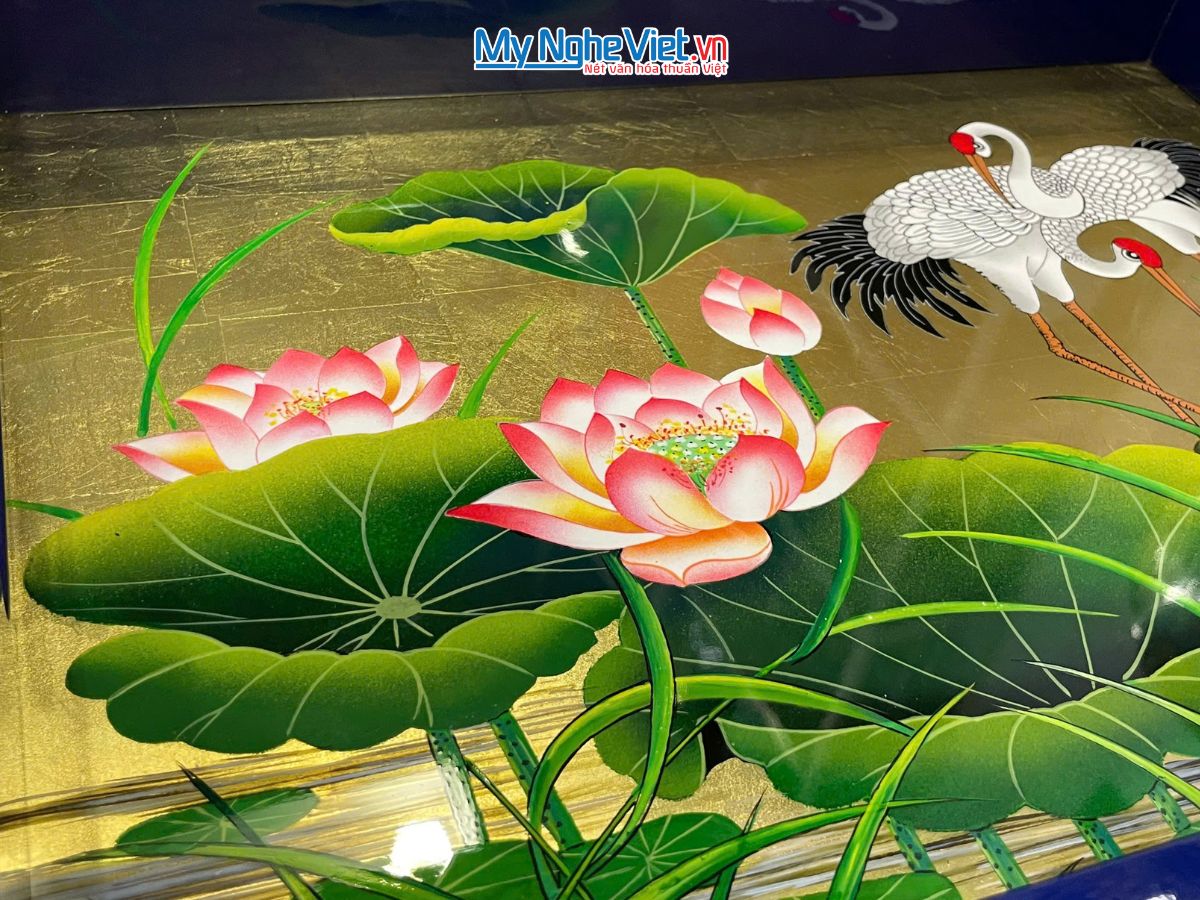Khay Sơn Mài Vẽ Cò Sen Nền Vàng Màu Xanh Dương Cao Cấp KSMHD2939.1