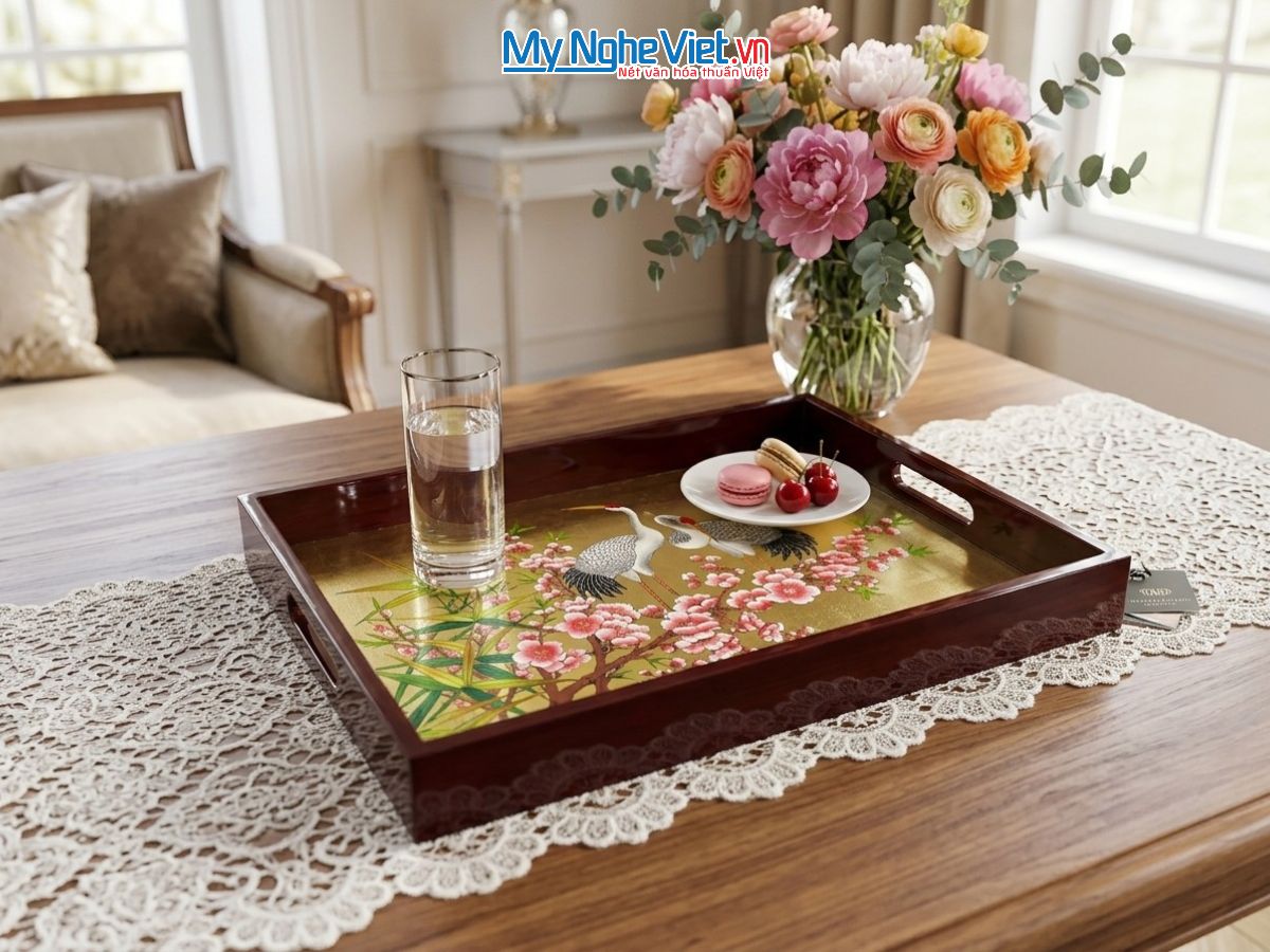 Khay Sơn Mài Vẽ Cò Đào Nền Vàng Màu Đỏ Cao Cấp KSMHD2939.22