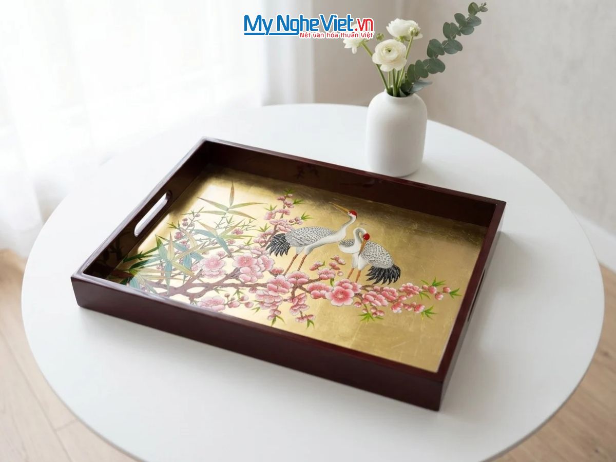 Khay Sơn Mài Vẽ Cò Đào Nền Vàng Màu Đỏ Cao Cấp KSMHD2939.22