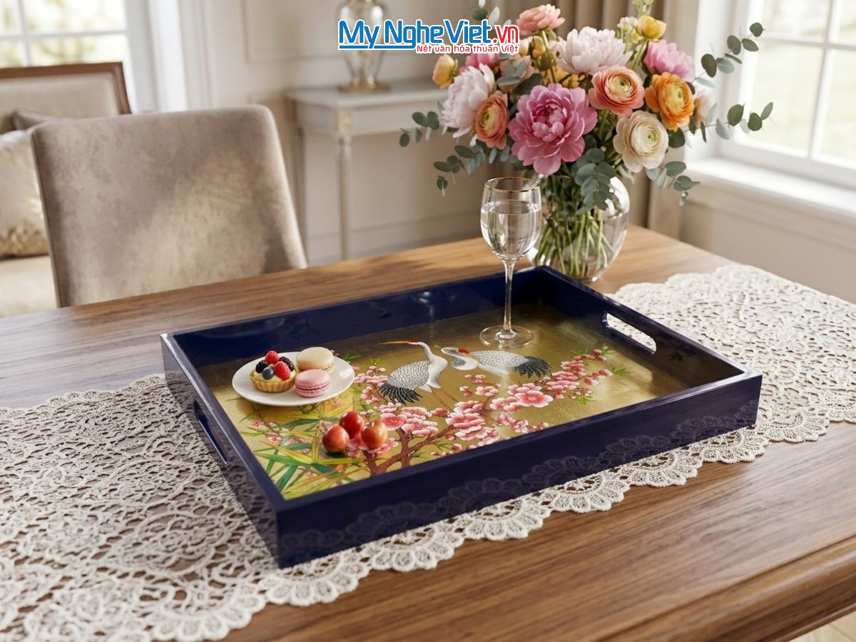 Khay Sơn Mài Vẽ Cò Đào Nền Vàng Màu Xanh Dương Cao Cấp KSMHD2939.21
