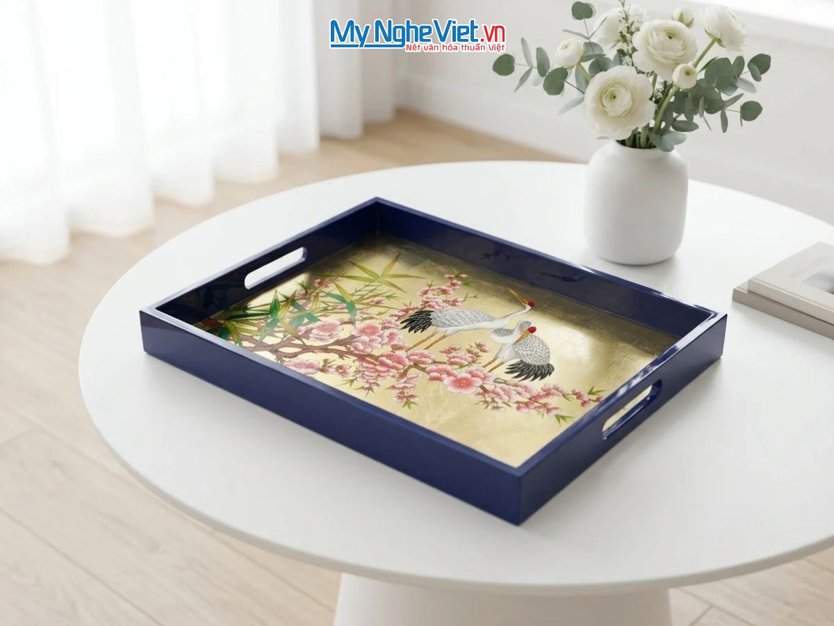 Khay Sơn Mài Vẽ Cò Đào Nền Vàng Màu Xanh Dương Cao Cấp KSMHD2939.21