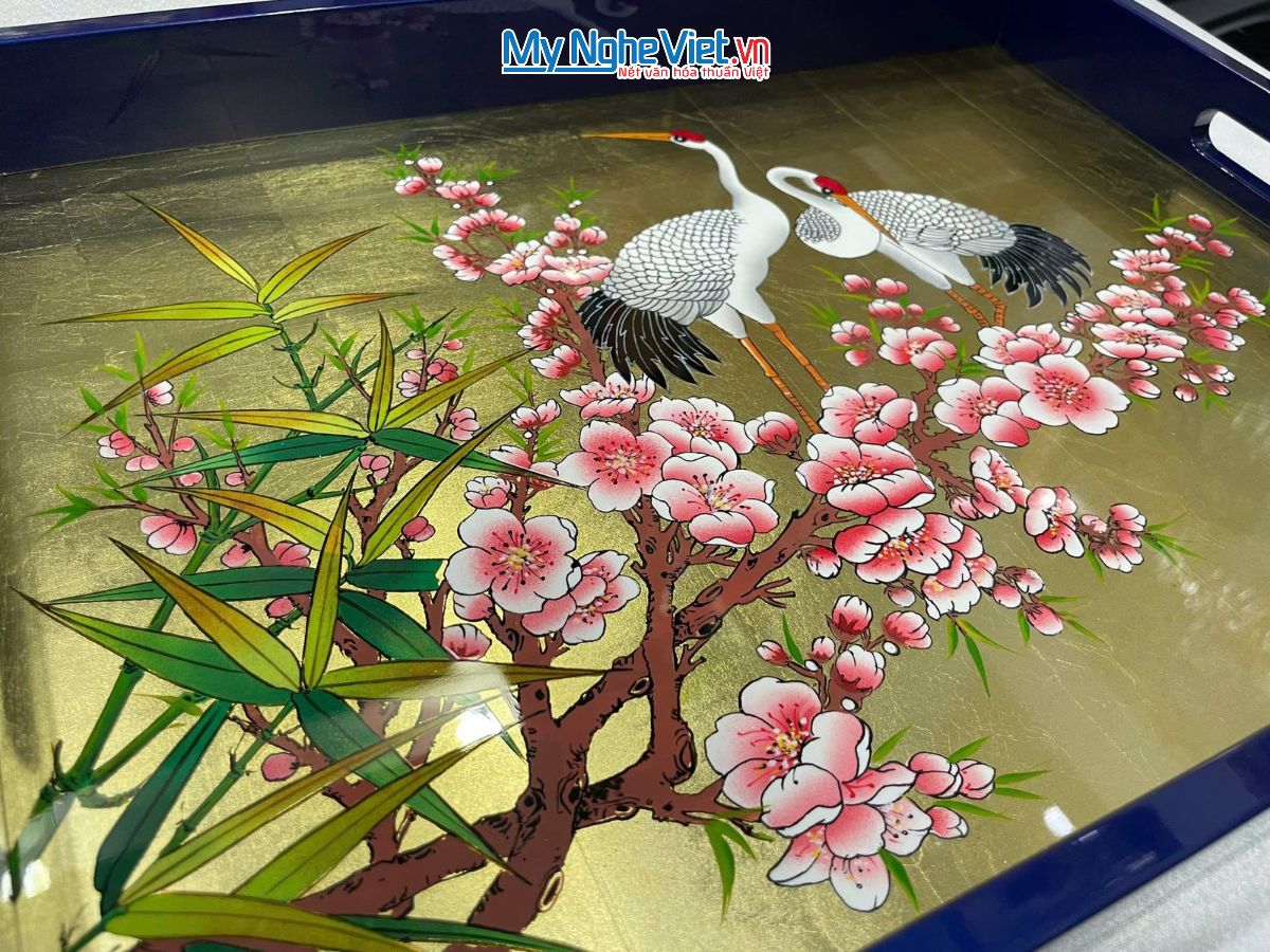Khay Sơn Mài Vẽ Cò Đào Nền Vàng Màu Xanh Dương Cao Cấp KSMHD2939.21