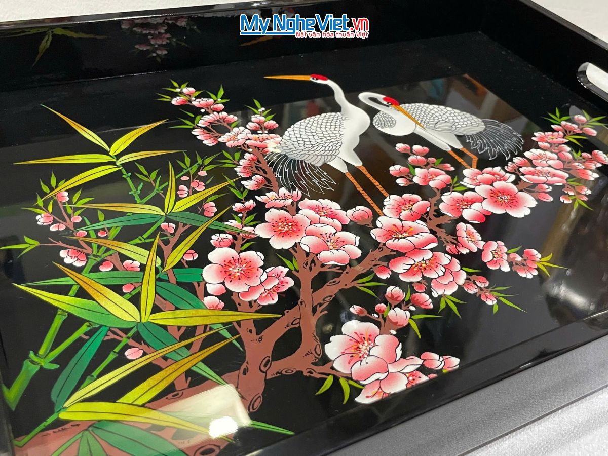 Khay Sơn Mài Vẽ Cò Đào Nền Đen Cao Cấp KSMHD2939.2