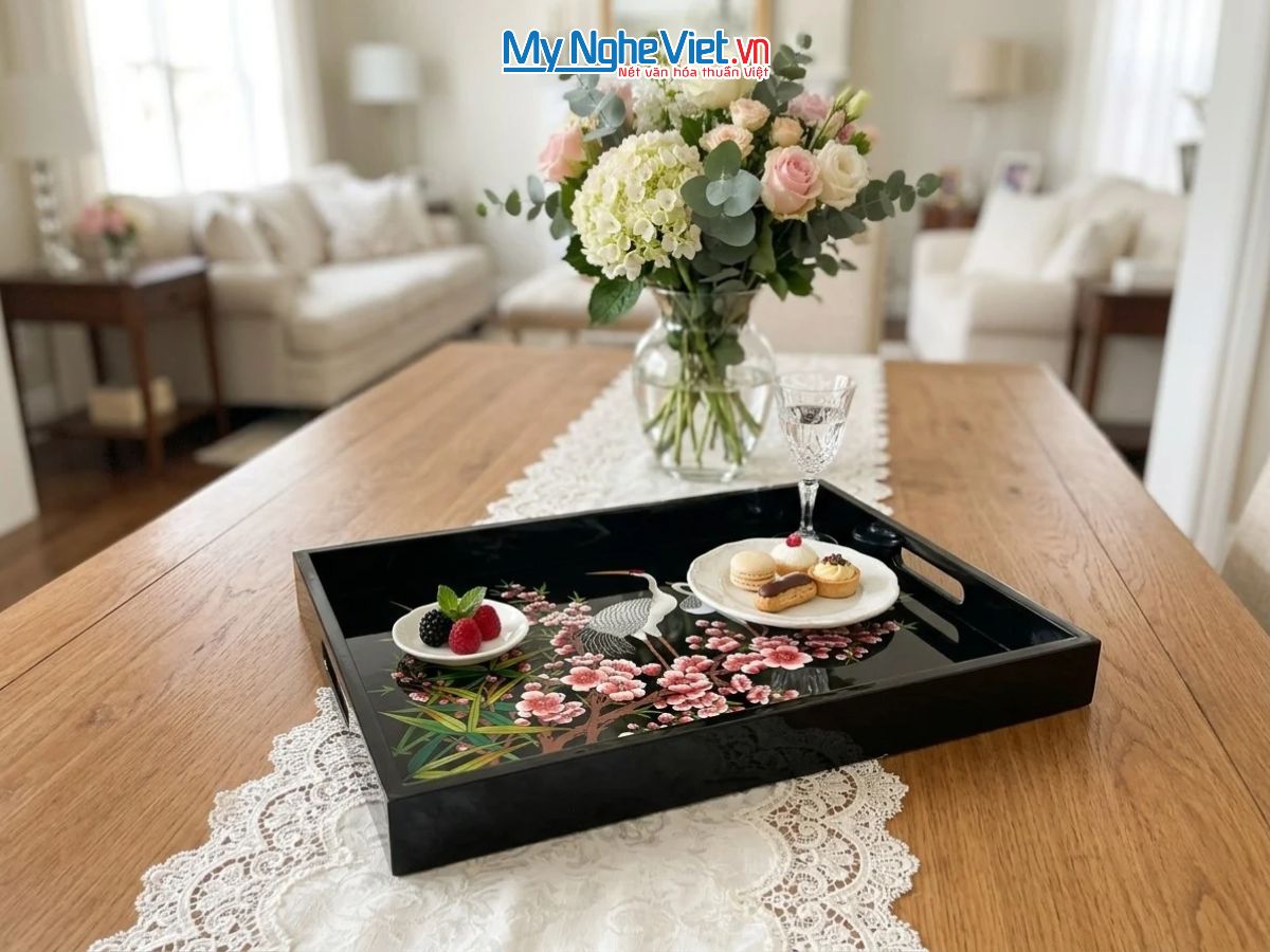 Khay Sơn Mài Vẽ Cò Đào Nền Đen Cao Cấp KSMHD2939.2