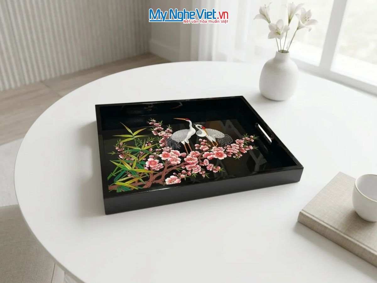 Khay Sơn Mài Vẽ Cò Đào Nền Đen Cao Cấp KSMHD2939.2