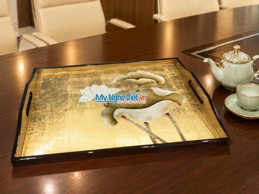Khay sơn mài cao cấp hoa sen nền vàng -Lacquer Trays SMTN3555-1 ( Hàng Đặt)