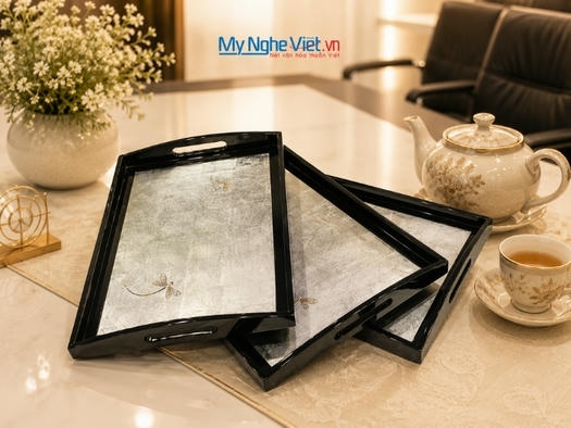 Khay sơn mài cao cấp đắp bạc cẩn chuồn 35x24cmx3.5cm KSM323-1