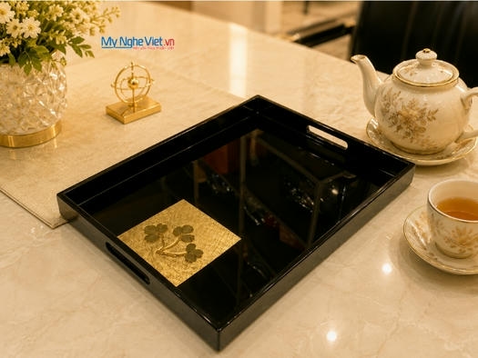 Khay sơn mài dát vàng lá cây nền đen KSMTN34-3