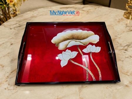 Khay Sơn Mài Cao Cấp Hoa Sen Nền Đỏ -Lacquer Trays 35x55xH5 SMTN3555