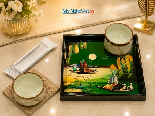 Khay sơn mài vuông vẽ phong cảnh KSM33