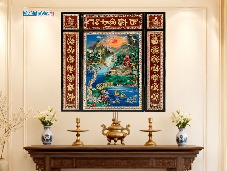 Liễn Thờ Sơn Mài Cửu Huyền Thất Tổ Cẩn Ốc Nền Xanh 107x107(cm) SMA195/107