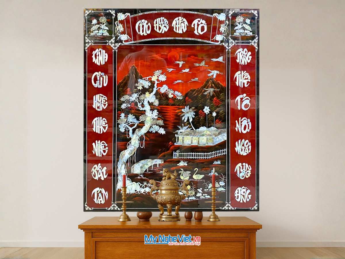 Liễn sơn mài - Cửu huyền thất tổ đấp cẩn ốc ngang 120x140cm SMA195-1214