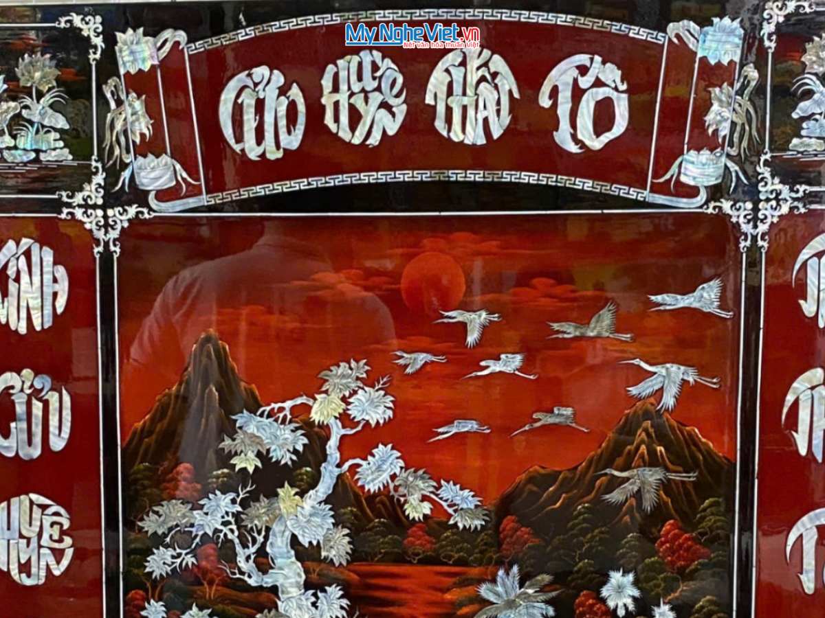 Liễn sơn mài - Cửu huyền thất tổ đấp cẩn ốc ngang 120x140cm SMA195-1214