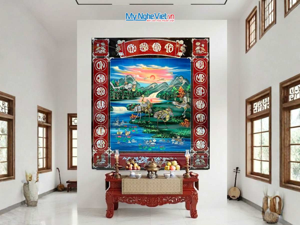 Liễng sơn mài - cửu huyền thất tổ cẩn ốc nền xanh ngang 140x160cm 1.4x1.6m SMA195/1416.2