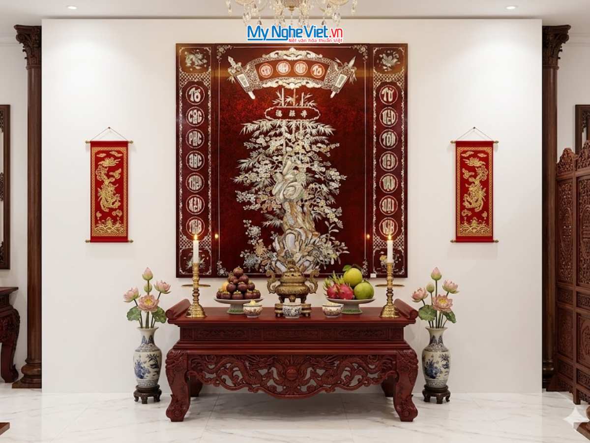 Bộ liễn Cửu Huyền Thất Tổ cẩn xà cừ nền ấm cao cấp 126x126cm SMA195/126.1