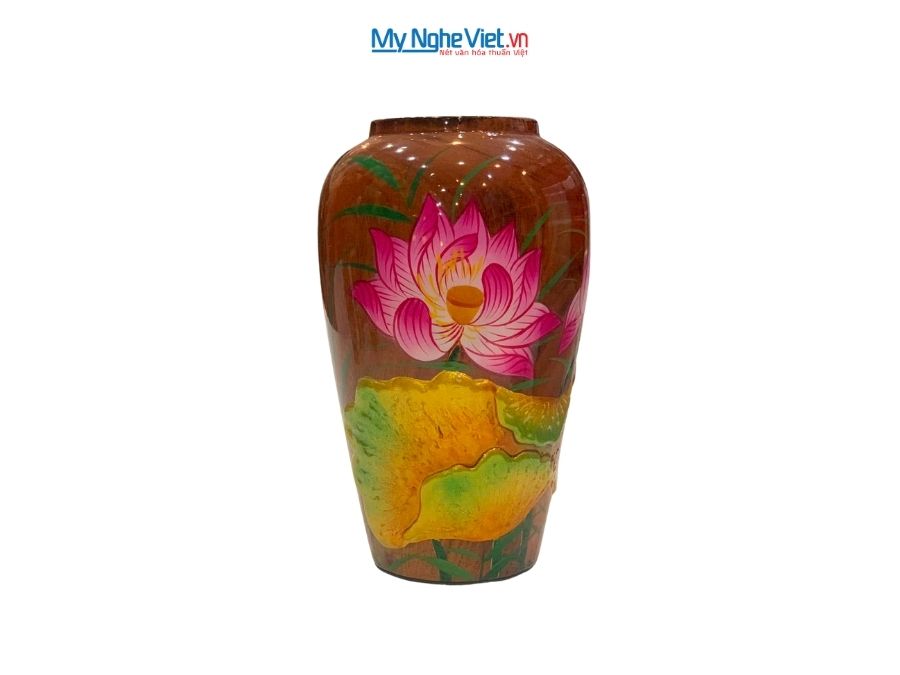 Lọ Hoa sơn mài - Hũ lá lan hoa sen đắp nổi 10xH18cm LHSMH001