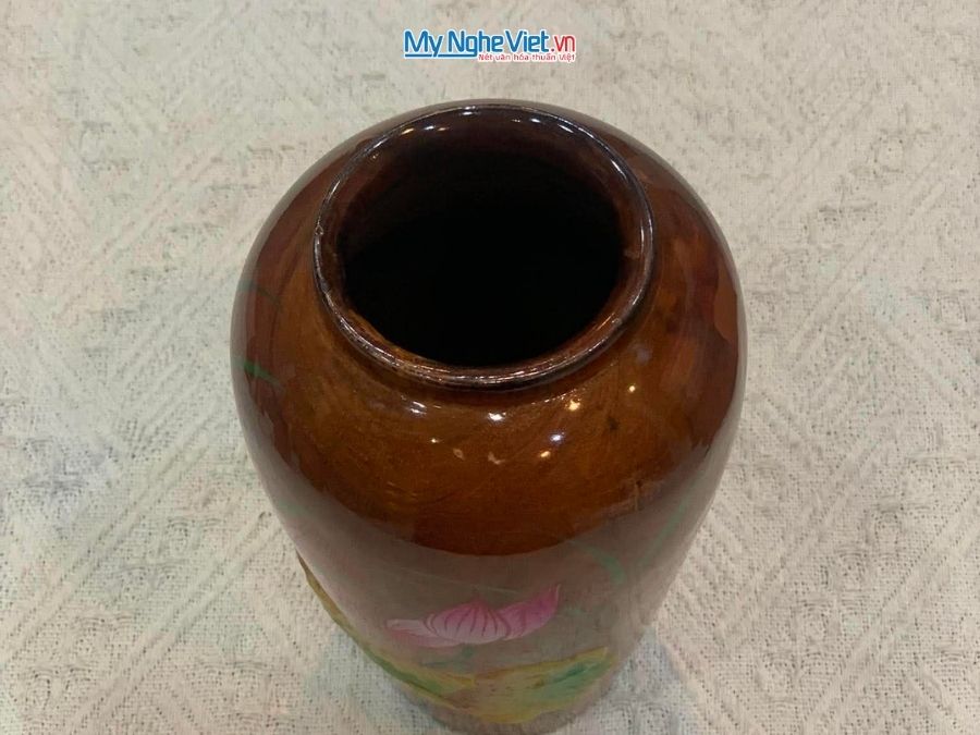Lọ Hoa sơn mài - Hũ lá lan hoa sen đắp nổi 10xH18cm LHSMH001