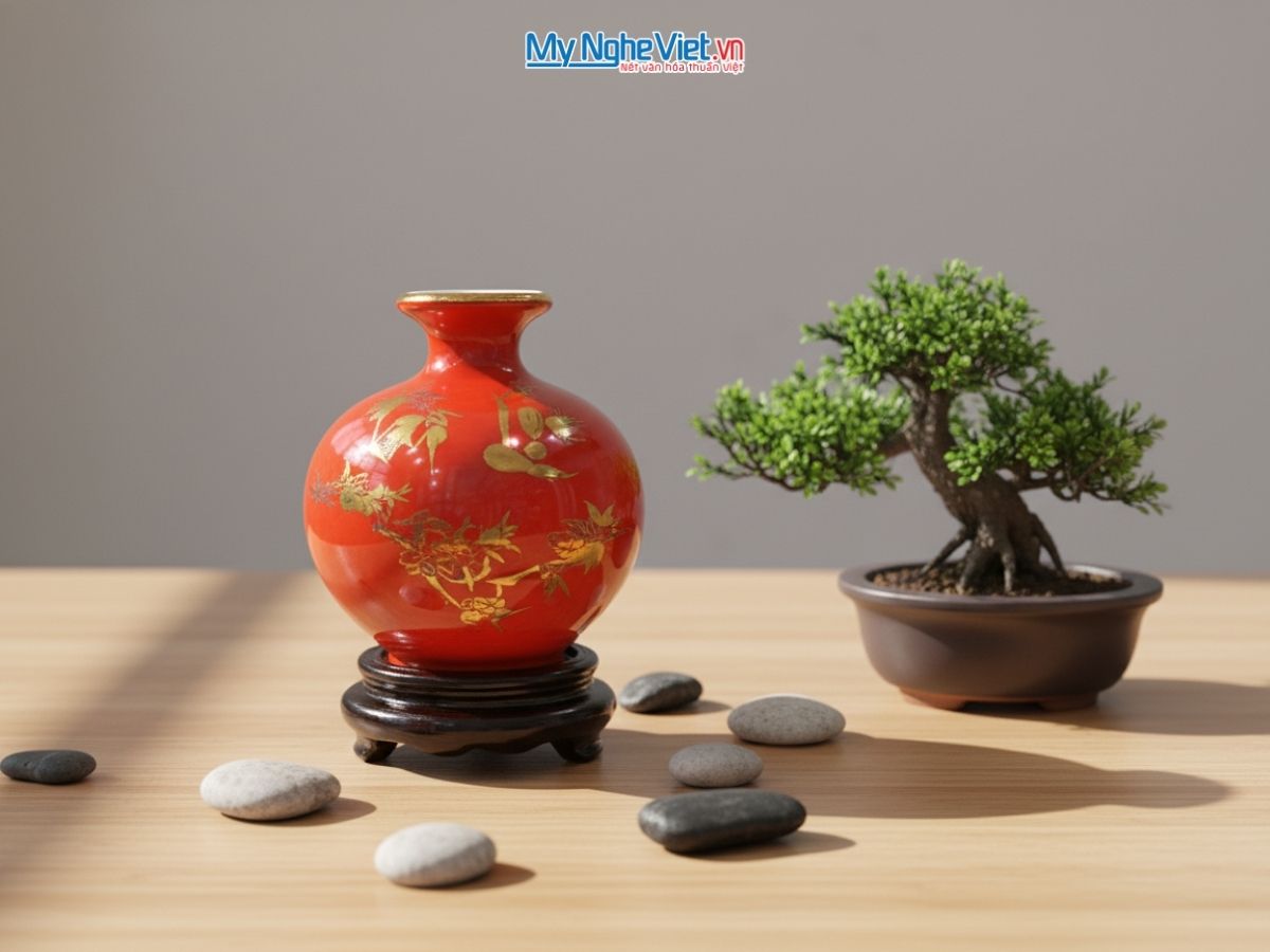 Lọ hoa thu tài mini men màu + chân đế gỗ (H12cm) LHGH001M