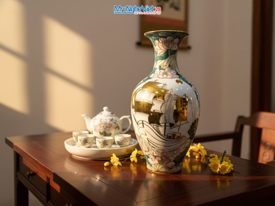 Lộc Bình Gốm Thuận Buồm Xuôi Gió Vàng Kim Cao Cấp H47cm LHGML03