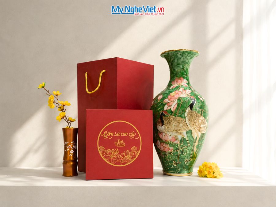 Lộc Bình Gốm Họa Tiết Sen Hạc Đắp Nổi Cao Cấp H47cm LHGML03.1