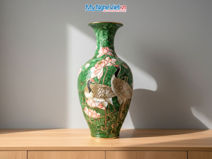 Lộc Bình Gốm Họa Tiết Sen Hạc Đắp Nổi Cao Cấp H47cm LHGML03.1