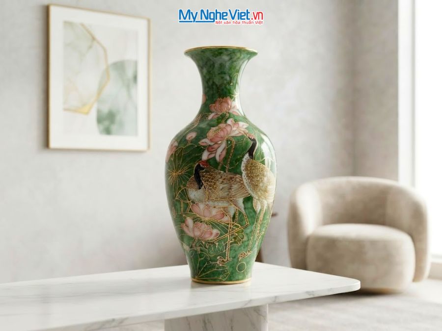 Lộc Bình Gốm Họa Tiết Sen Hạc Đắp Nổi Cao Cấp H47cm LHGML03.1