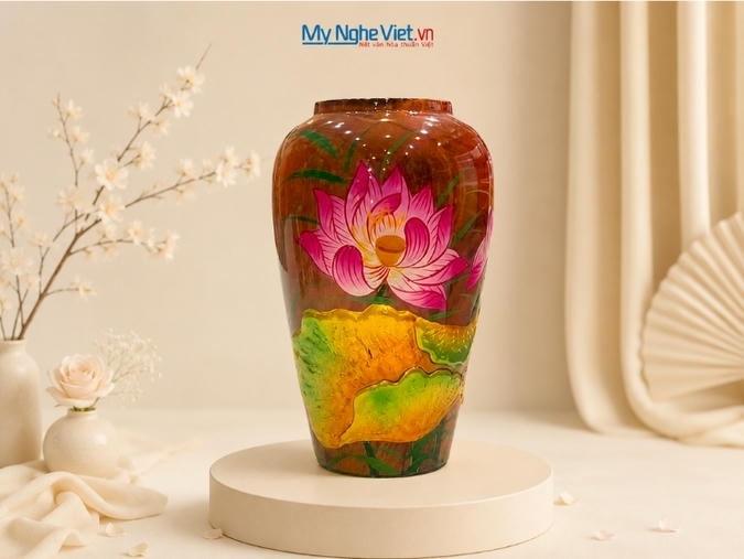 Lọ Hoa sơn mài - Hũ lá lan hoa sen đắp nổi 10xH18cm LHSMH001