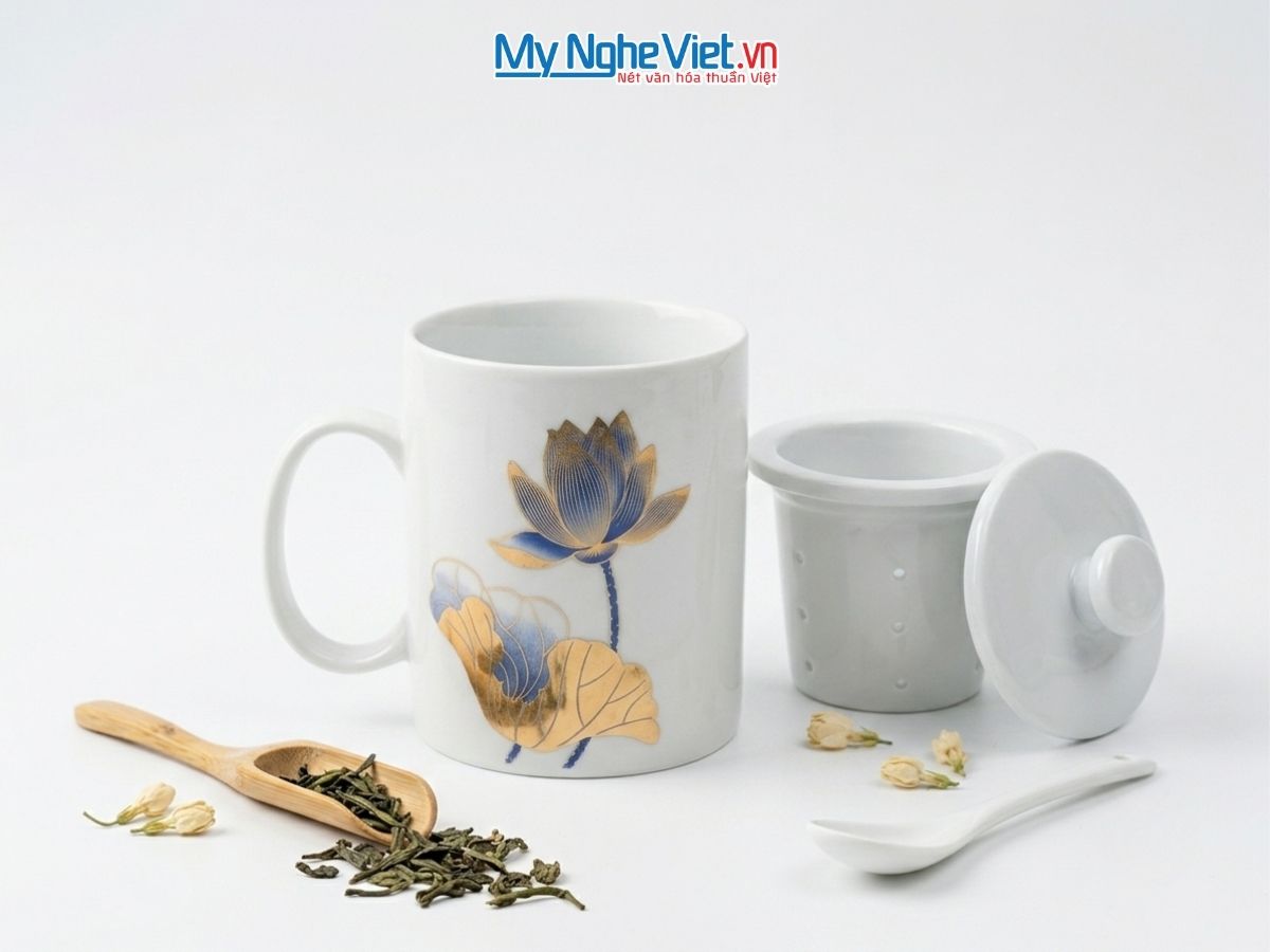 Ly Lọc Trà Gốm Sứ Vẽ Hoa Sen MNV-LLT05-1