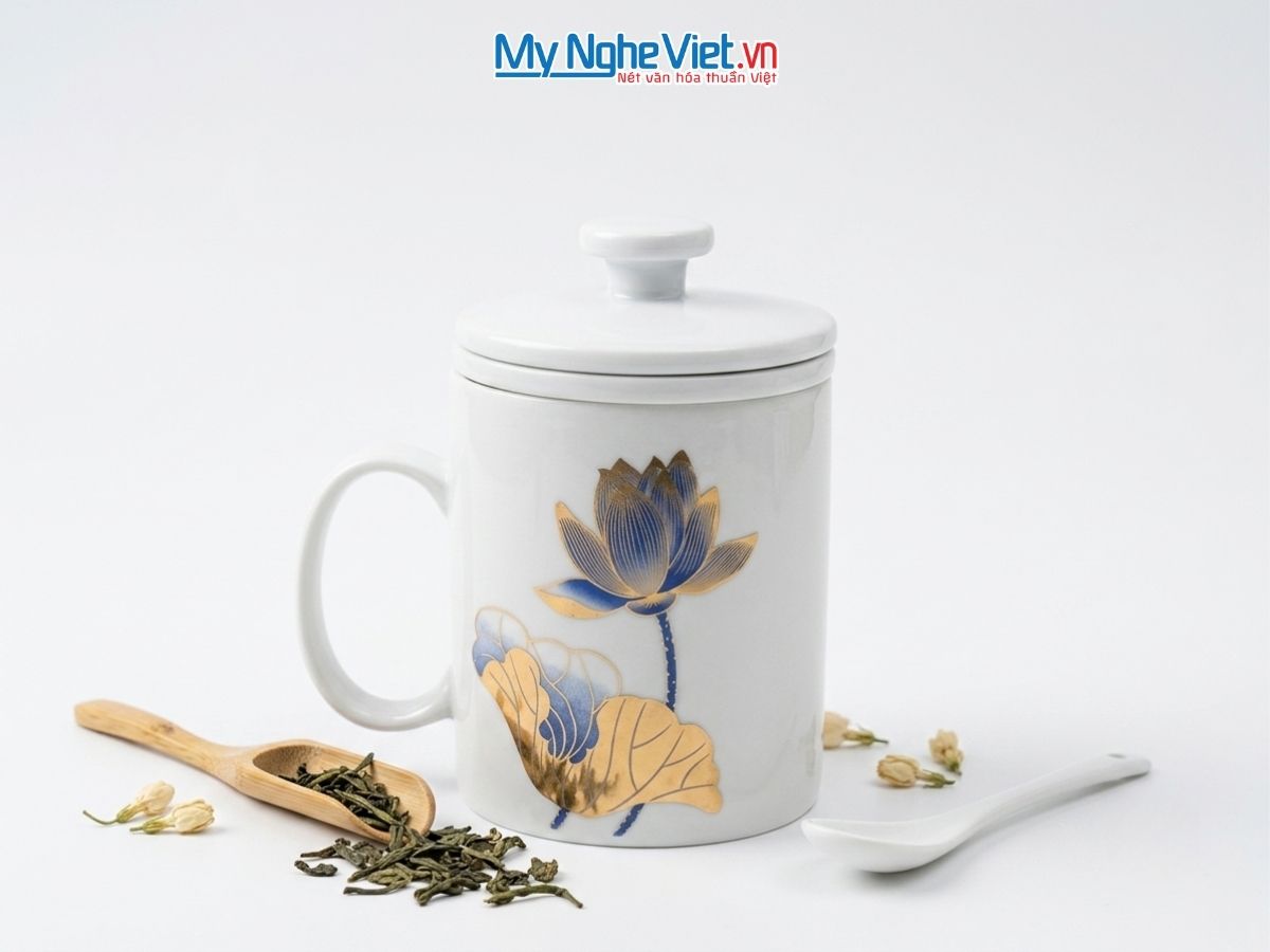 Ly Lọc Trà Gốm Sứ Vẽ Hoa Sen MNV-LLT05-1