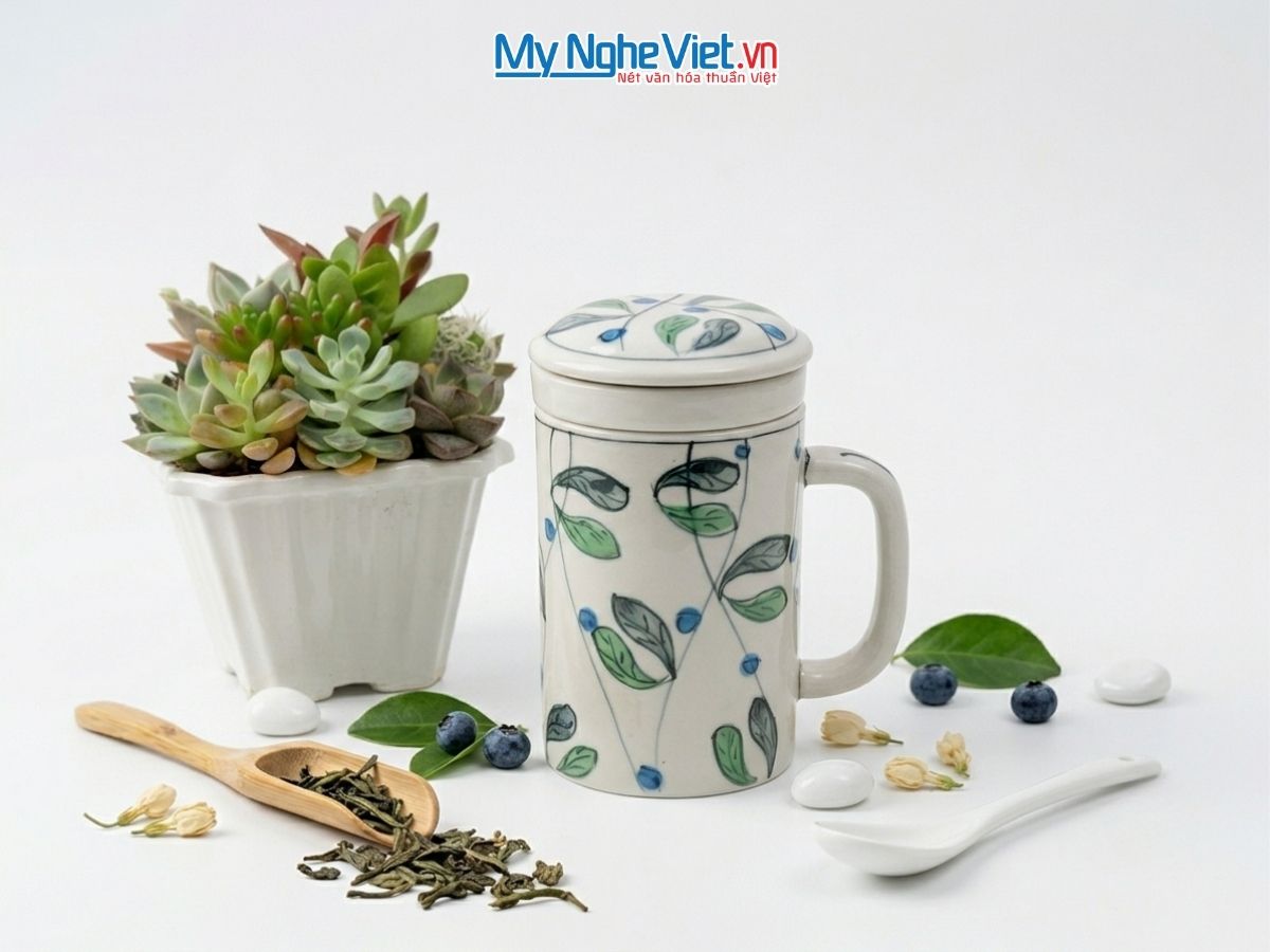 Ly Lọc Trà Gốm Sứ Vẽ Lá Ô Liu LLTH002