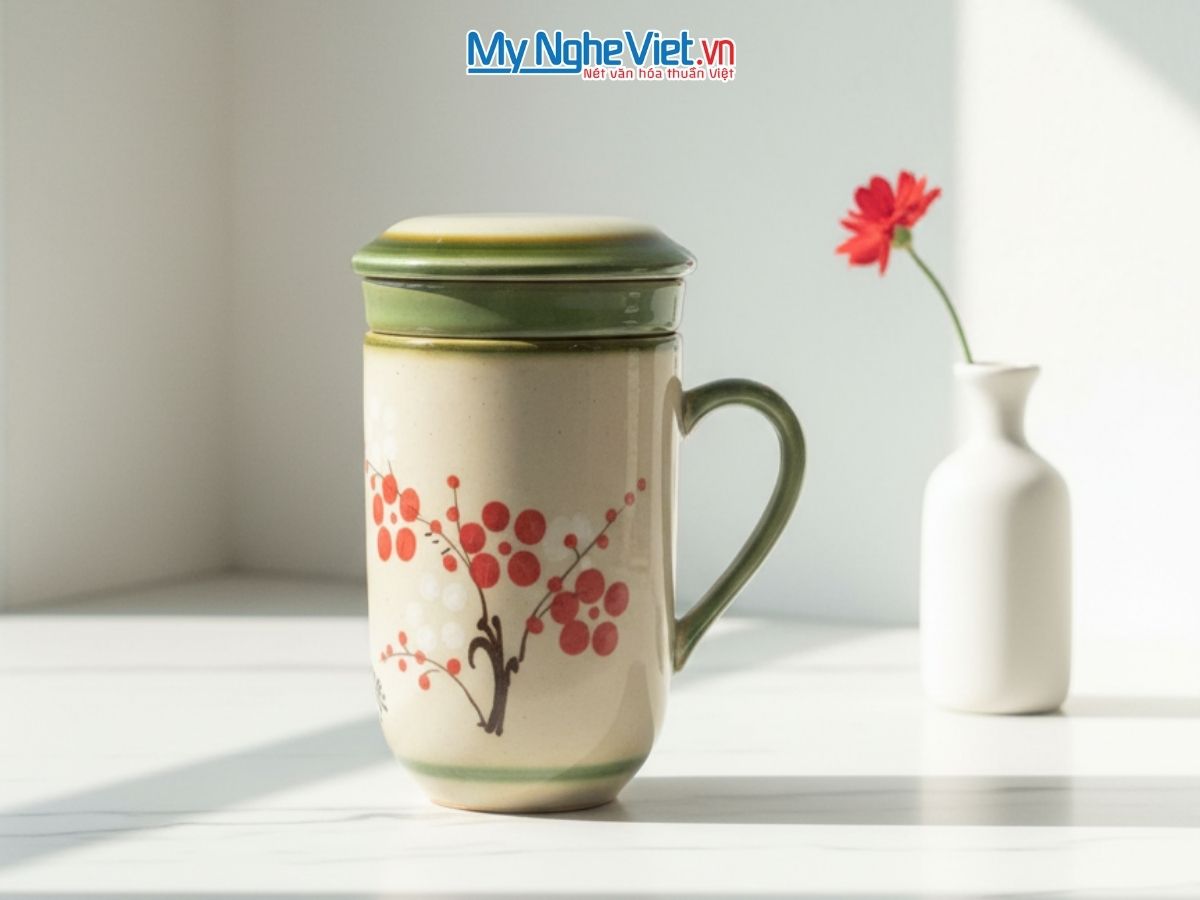 Ly Lọc Trà Men Bóng Vẽ Hoa Đào MNV-HBT12
