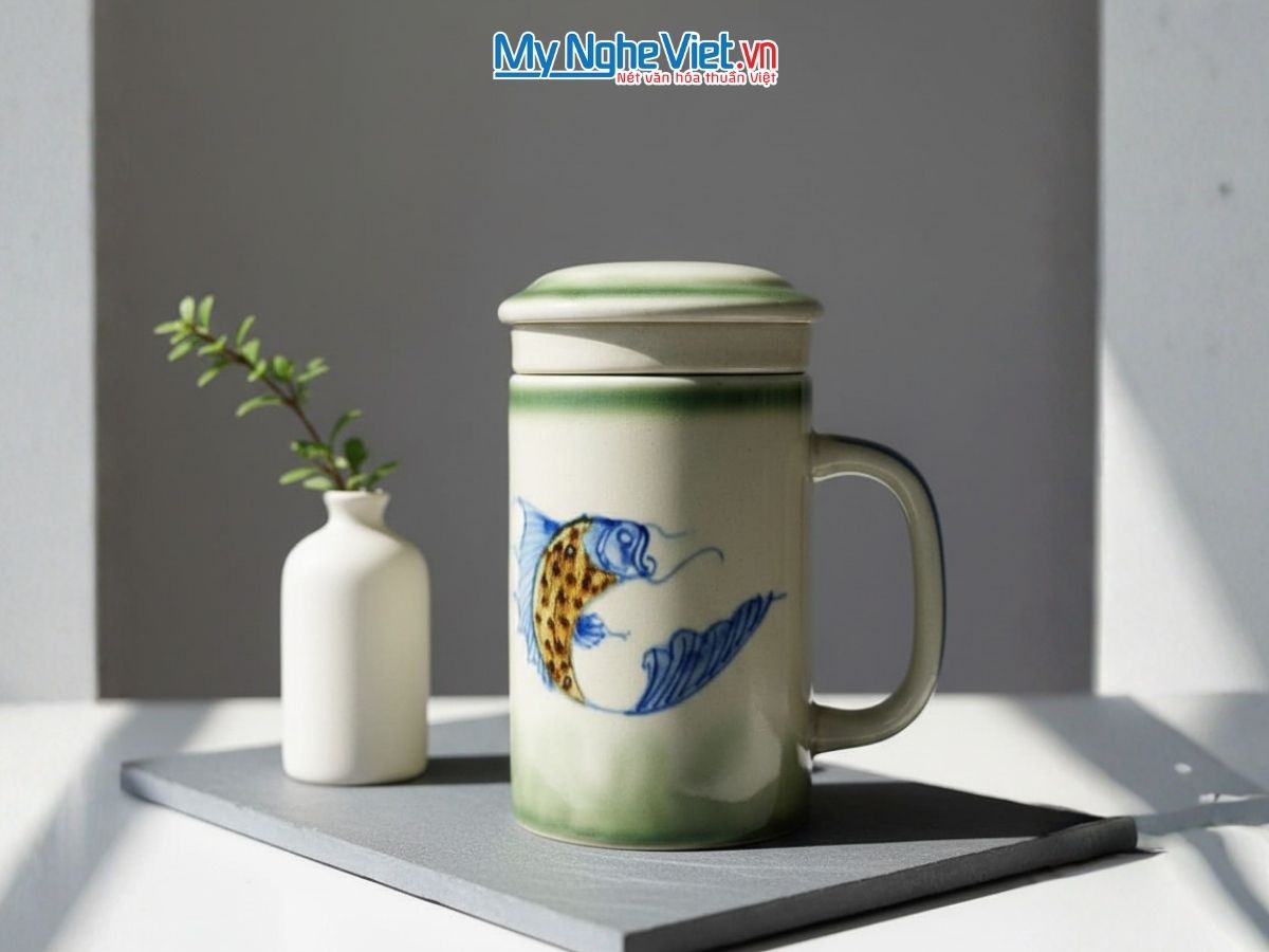 Ly Lọc Trà Men Bóng Vẽ Cá LLTH13