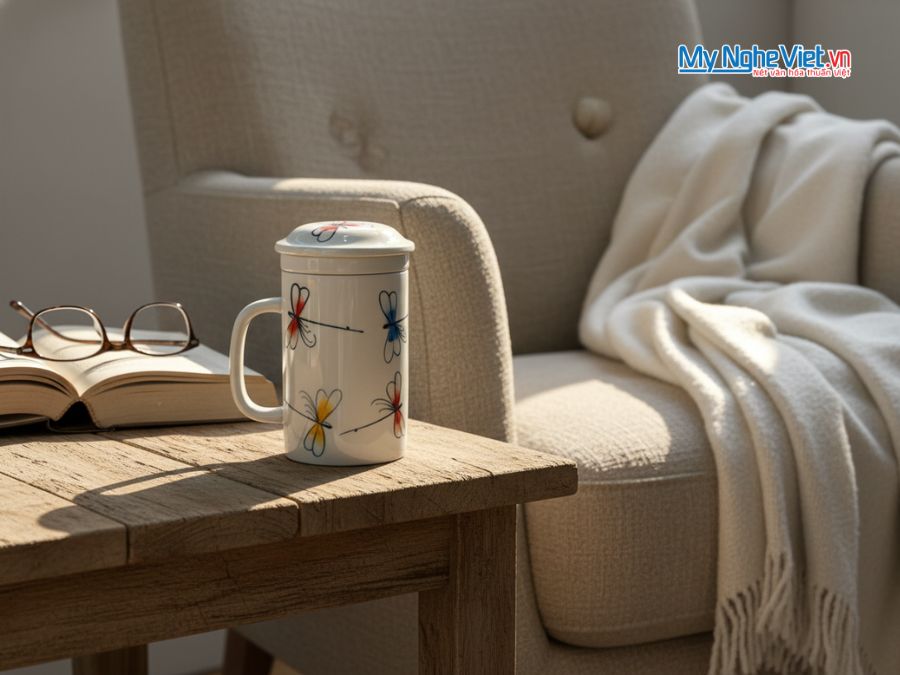 Ly lọc trà vẽ chuồn kim xanh đỏ LLTH007.1