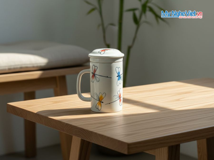 Ly lọc trà vẽ chuồn kim xanh đỏ LLTH007.1