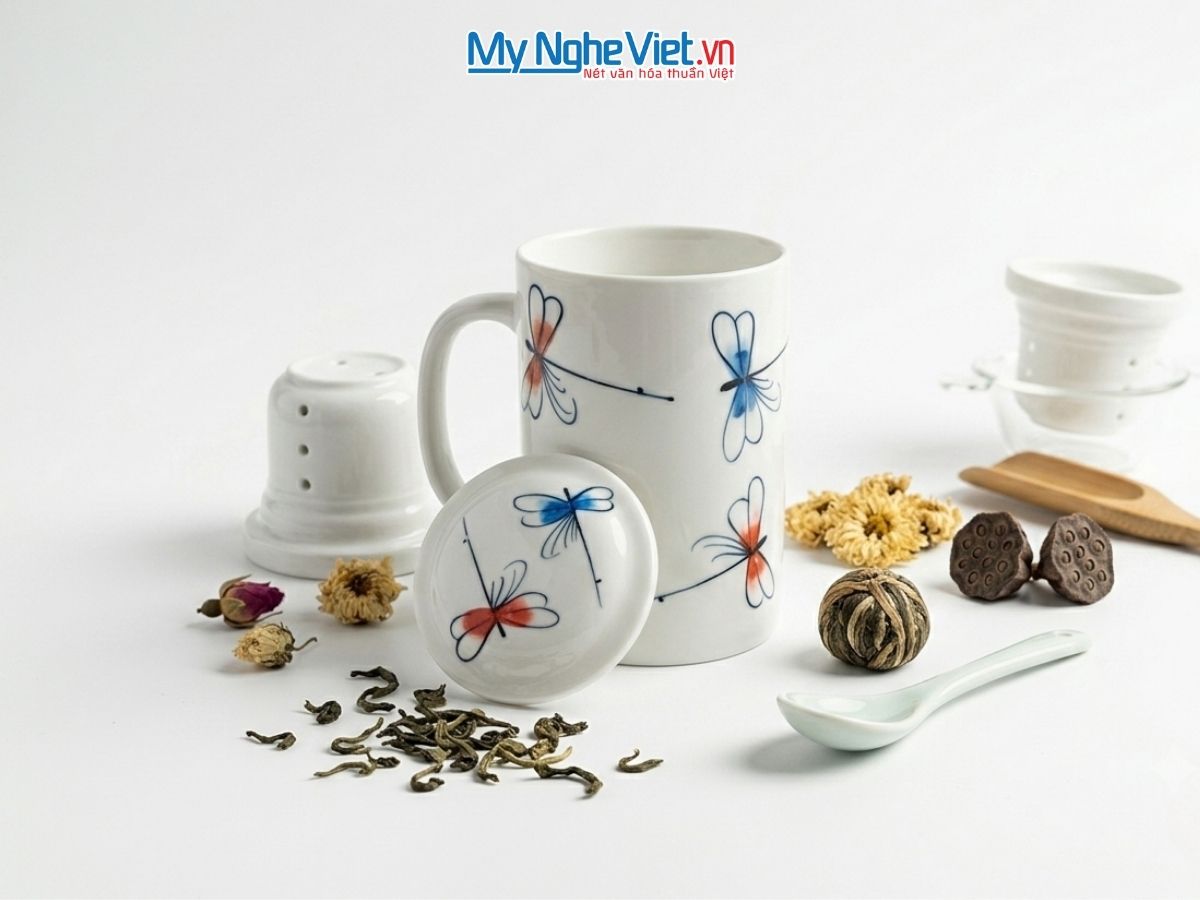 Ly Lọc Trà Gốm Sứ Vẽ Chuồn Kim LLTH007.1