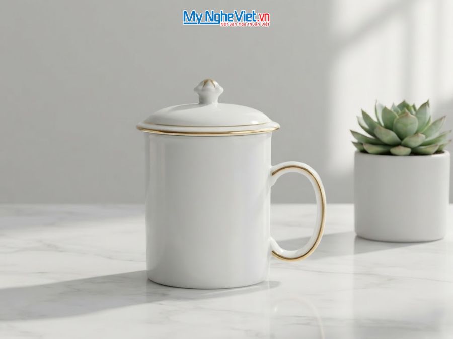 Ly sứ có nắp quai C trơn viền vàng kim LSVBT014 