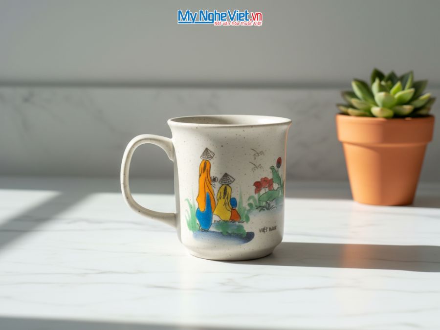 Ly sứ trụ có quai men tấm vẽ cô gái - phố cổ H8.5cm LSH01.1