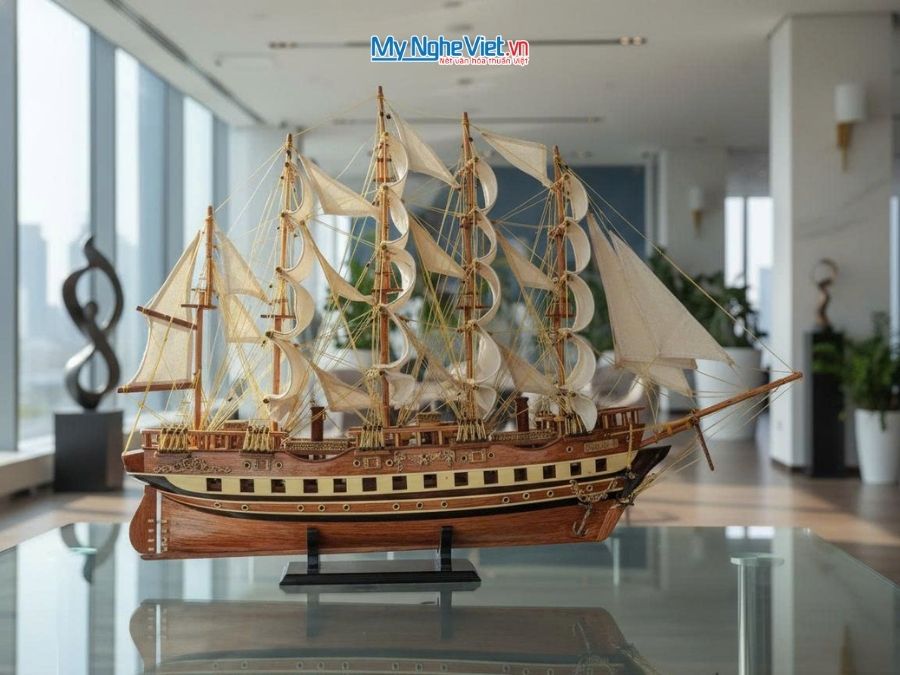 Mô Hình Thuyền Buồm France II Gỗ Tự Nhiên Thân 1m MNV-TB01