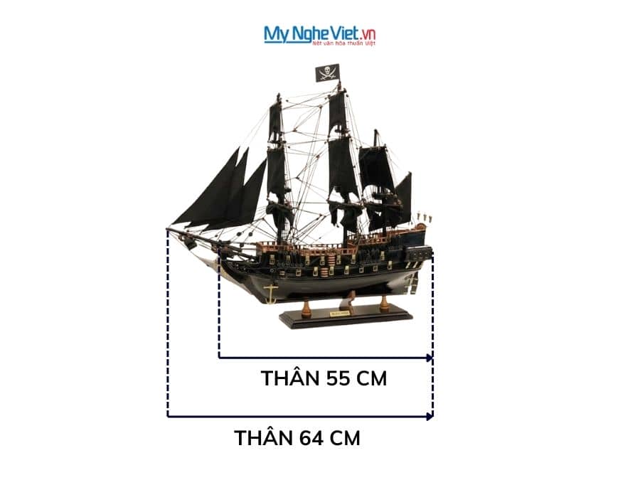 Mô Hình Thuyền Chiến Cổ Ngọc Trai Đen (Black Pearl) Gỗ Muồng Đen Thân 55cm MNV-TB17/55