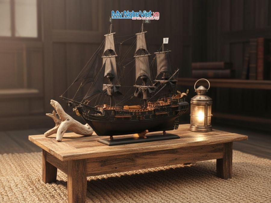 Mô Hình Tàu Chiến Cổ Black Pearl Gỗ Muồng Đen Thân 80cm MNV-TB17