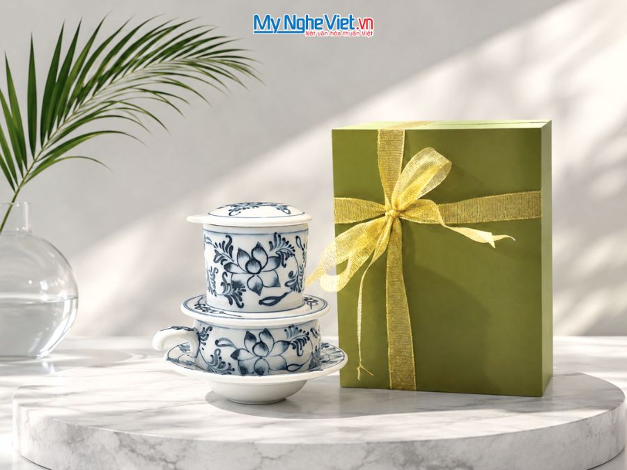 Phin Cà Phê Thấp Men Chàm Cổ Vẽ Hoa Sen CFVH007.1