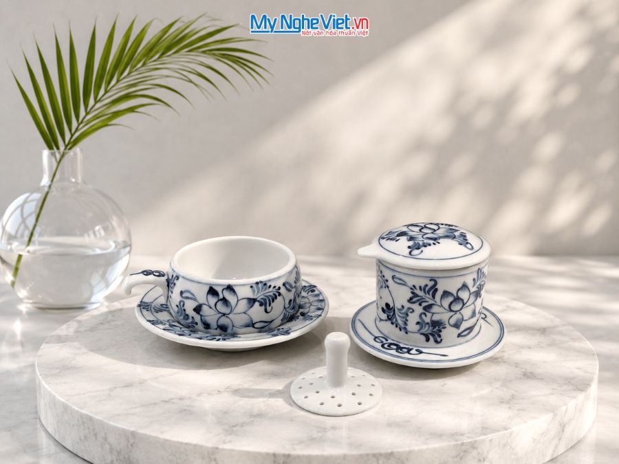 Phin Cà Phê Thấp Men Chàm Cổ Vẽ Hoa Sen CFVH007.1