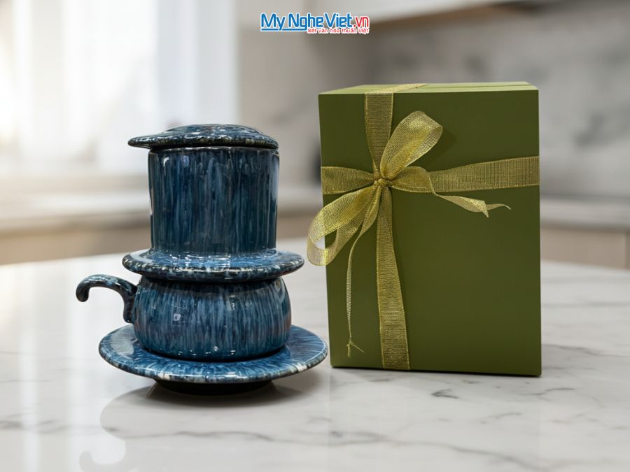 Bộ quà tặng Phin cà phê thấp men hỏa biến và Hộp quà tặng cao cấp MNV-CFVH03